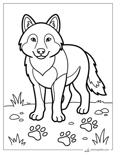 Easy coloring page of a smiling wolf standing among paw prints, grass tufts, and small stones.