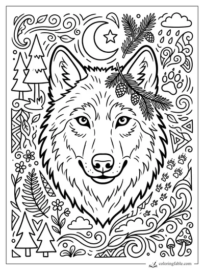 Doodle wolf face with pine branches, crescent moon, paw prints, trees, flowers, mushrooms, clouds, and swirls.