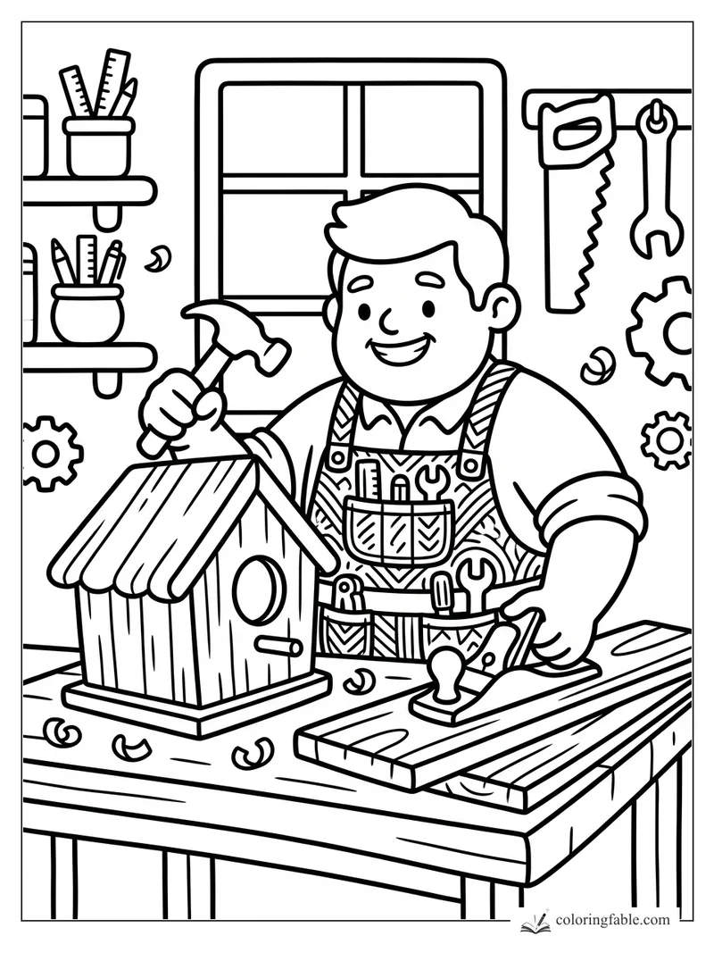 Smiling woodworker hammers a birdhouse at a bench with saw, wrench, gears, shelves, and hand plane.