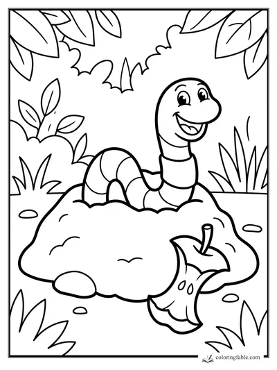 Happy worm coloring page with big leaves, grass, pebbles, and an apple core on a dirt mound.