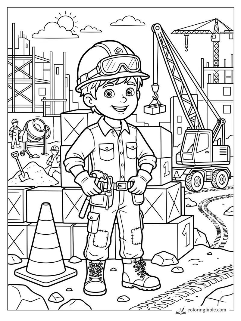 Boy in hard hat and goggles at a construction site with cranes, boxes, cone, cement mixer, and workers