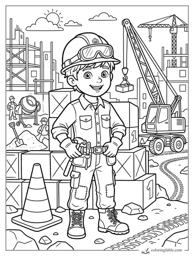 Boy in hard hat and goggles at a construction site with cranes, boxes, cone, cement mixer, and workers