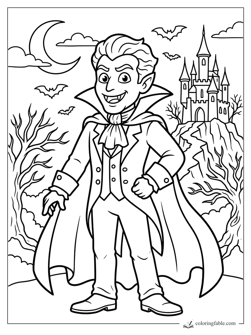 Cartoon young vampire smiling in a cape with bats, crescent moon, bare trees, and a cliff castle.