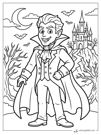 Cartoon young vampire smiling in a cape with bats, crescent moon, bare trees, and a cliff castle.