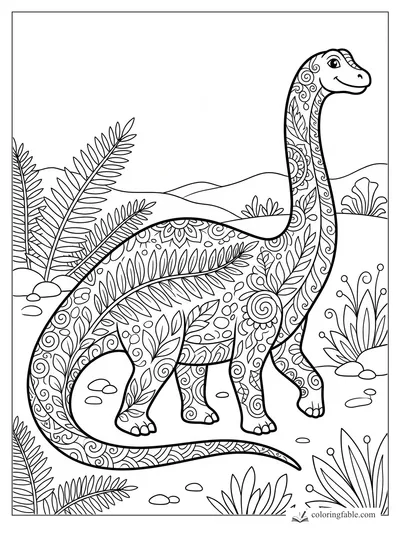 Intricate zentangle diplodocus with a long neck, smiling face, leafy patterns, ferns, hills, and stones.