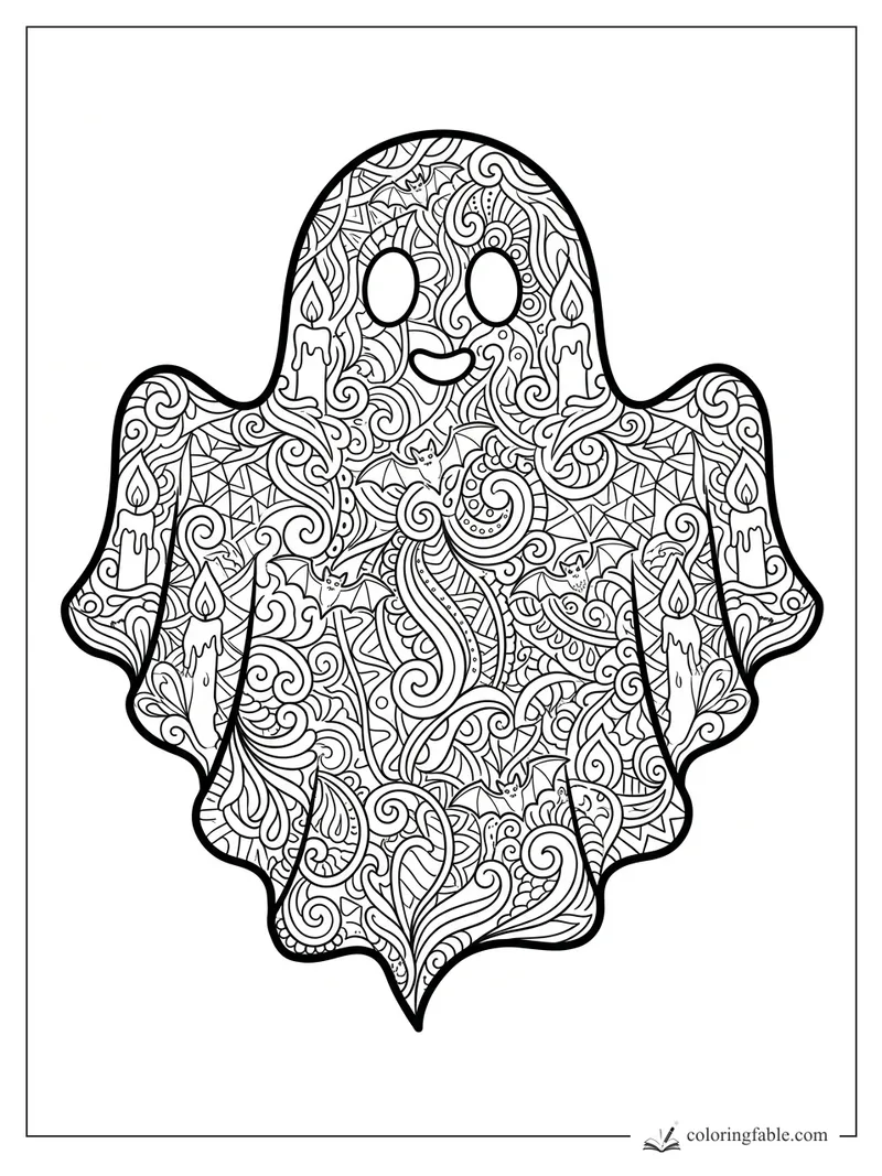 Intricate Halloween ghost coloring page with zentangle swirls, candles, bats, webs, and a smiling face.