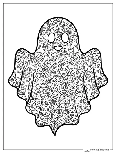 Intricate Halloween ghost coloring page with zentangle swirls, candles, bats, webs, and a smiling face.