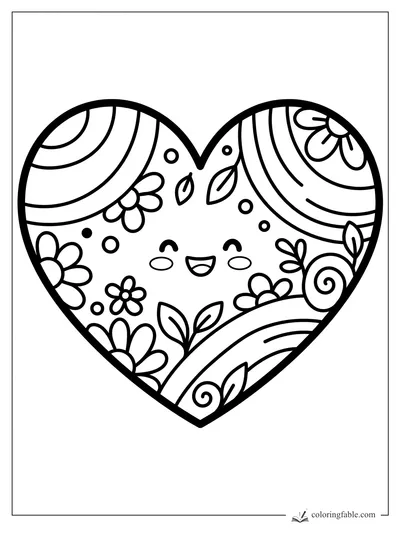 Kawaii heart with smiling face, flowers, leaves, dots, swirls, and curved zentangle bands.