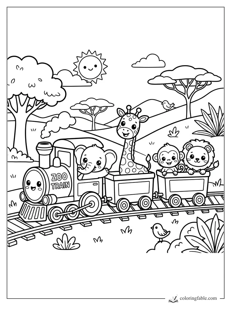 Kawaii zoo train with elephant, giraffe, monkey, and lion riding through a sunny savanna.