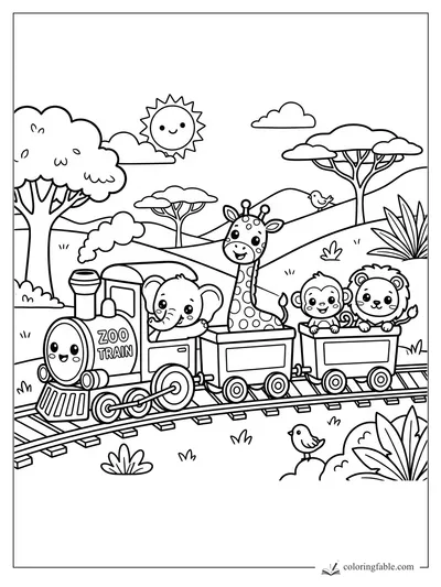 Kawaii zoo train with elephant, giraffe, monkey, and lion riding through a sunny savanna.