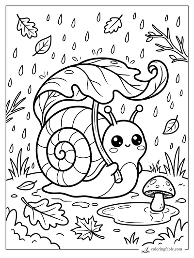 Kawaii snail holding a big leaf umbrella in fall rain beside a mushroom and puddle