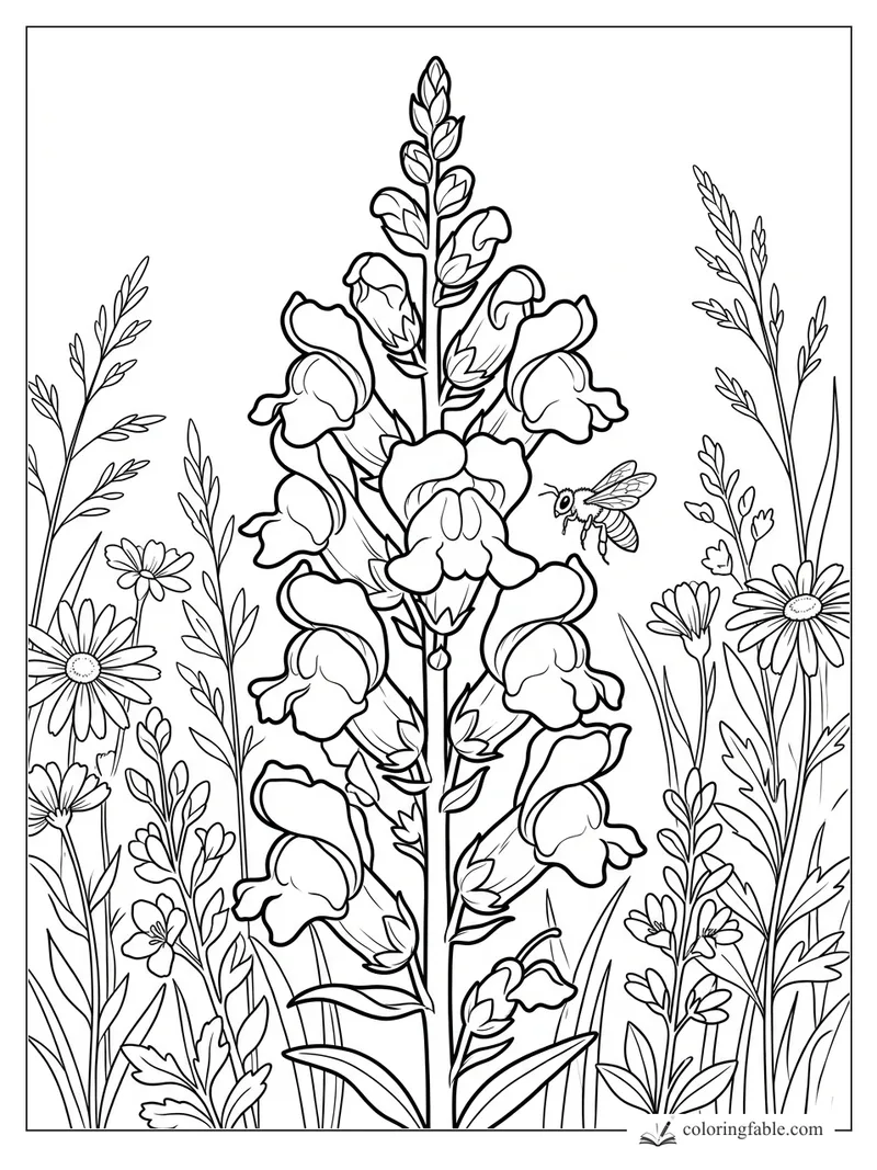 Realistic snapdragon flower spike with a hovering bee, daisies, grasses, and meadow stems coloring page