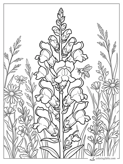 Realistic snapdragon flower spike with a hovering bee, daisies, grasses, and meadow stems coloring page