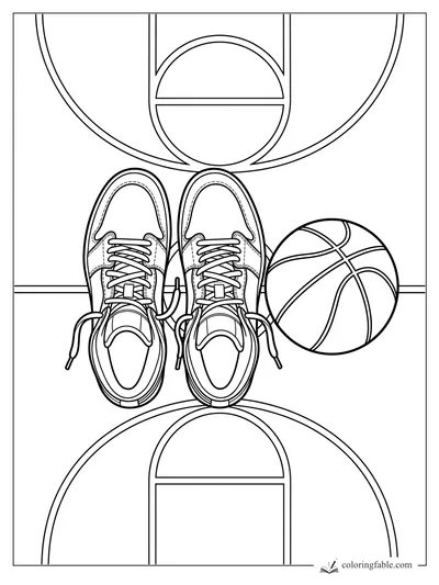 Top-down basketball coloring page with sneakers, loose laces, a ball, and center-court lines.