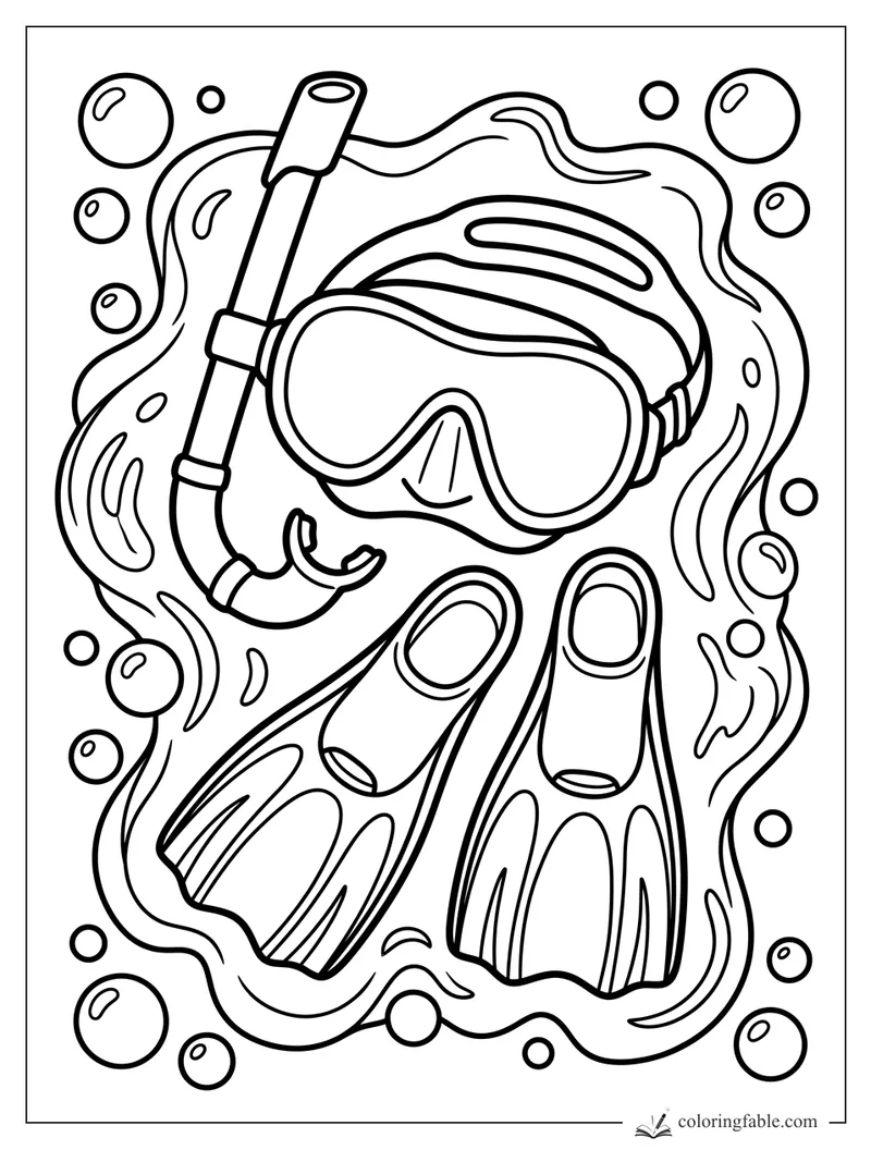Bold coloring page of a snorkel mask, tube, swim fins, bubbles, and wavy water lines.