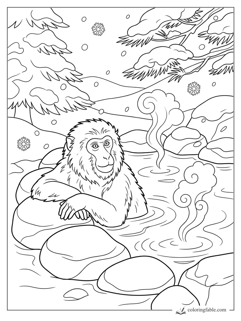 Snow monkey resting in a rocky hot spring with steam curls, pine branches, hills, and falling snowflakes.