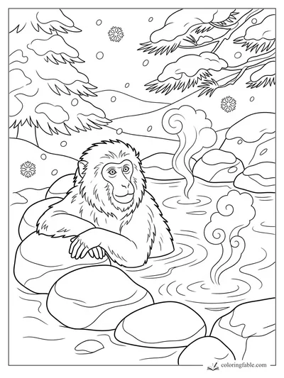 Snow monkey resting in a rocky hot spring with steam curls, pine branches, hills, and falling snowflakes.