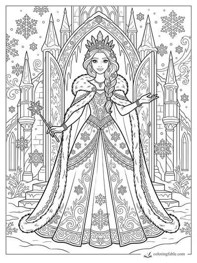Snow princess in a fur-trimmed cloak before open ice castle doors with snowflakes and tall towers