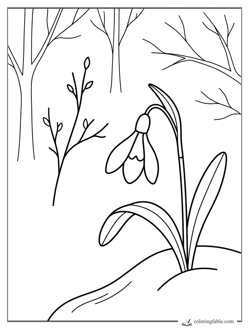 Easy snowdrop coloring page with a drooping flower, long leaves, bare trees, and a small budding twig.