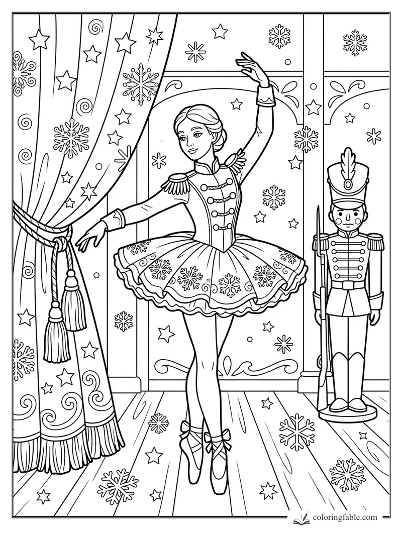 Ballerina in a snowflake tutu dances by curtains, stars, and a toy soldier with a tall hat.