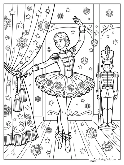 Ballerina in a snowflake tutu dances by curtains, stars, and a toy soldier with a tall hat.