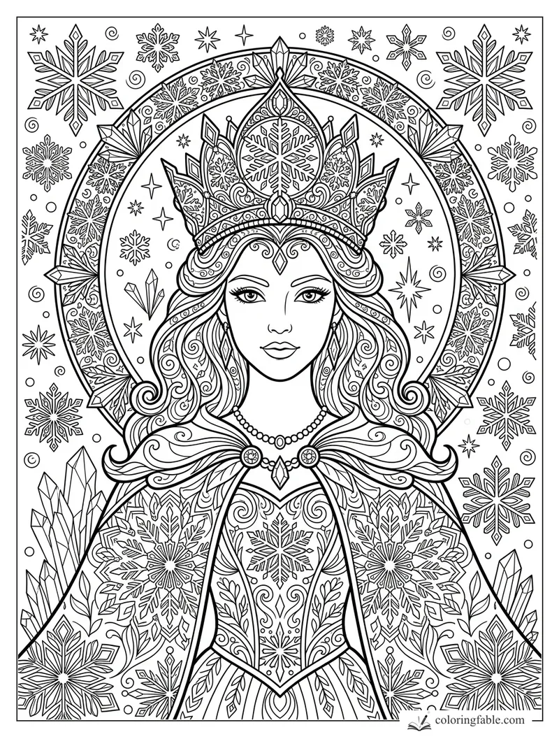 Intricate princess mandala with jeweled crown, snowflakes, crystals, and swirling hair