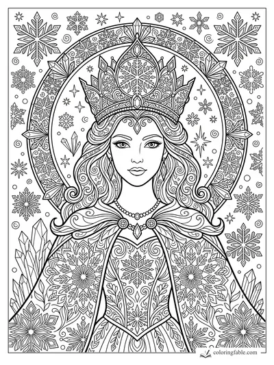 Intricate princess mandala with jeweled crown, snowflakes, crystals, and swirling hair