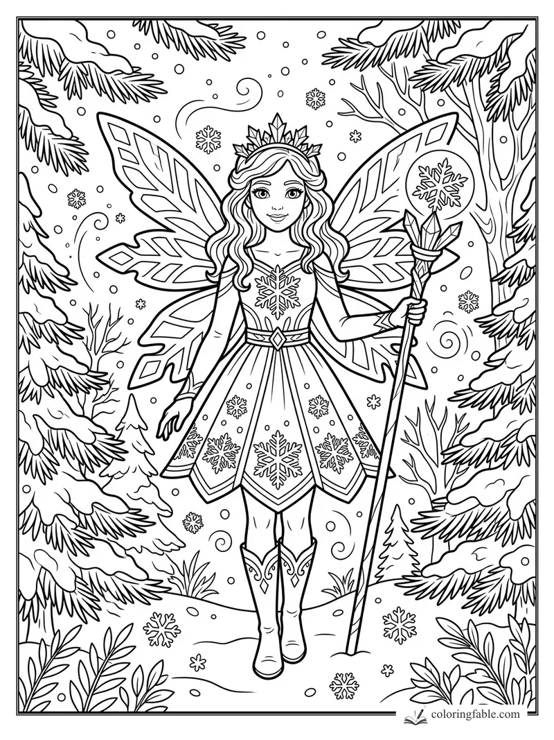 Snowflake fairy with crystal crown, staff, patterned wings, and snowy pine forest