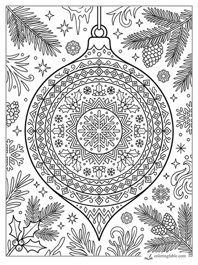 Intricate Christmas ornament mandala with snowflake center, holly, stars, pine branches, and pinecones.