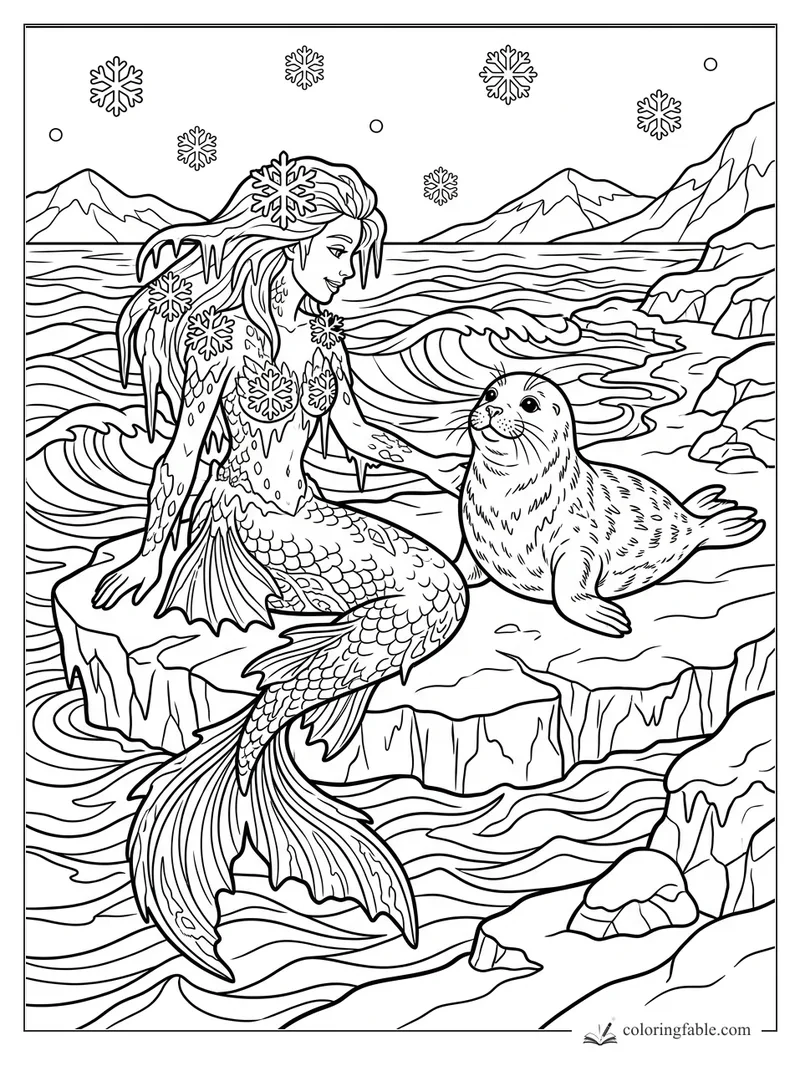Realistic mermaid with snowflake adornments sitting beside a seal on icy rocks and waves