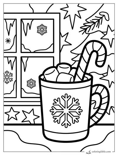 Easy Christmas coloring page of a snowflake mug with marshmallows, candy canes, frosty window, stars, and pine.