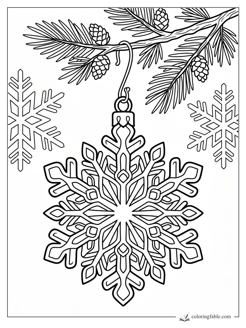 Intricate snowflake ornament hanging from a pine branch with cones and two snowflakes
