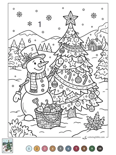 Snowman Decorating a Mountain Christmas Tree — color by number