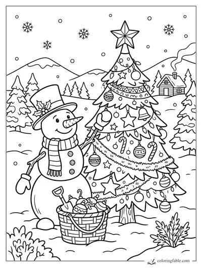 Snowman with top hat decorates a Christmas tree with ornaments, garland, lights, and star in a snowy village.