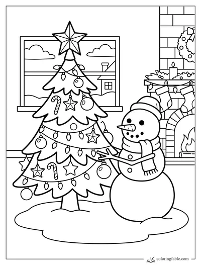 Snowman hanging an ornament on a Christmas tree beside a fireplace, stockings, window, wreath, and star topper.