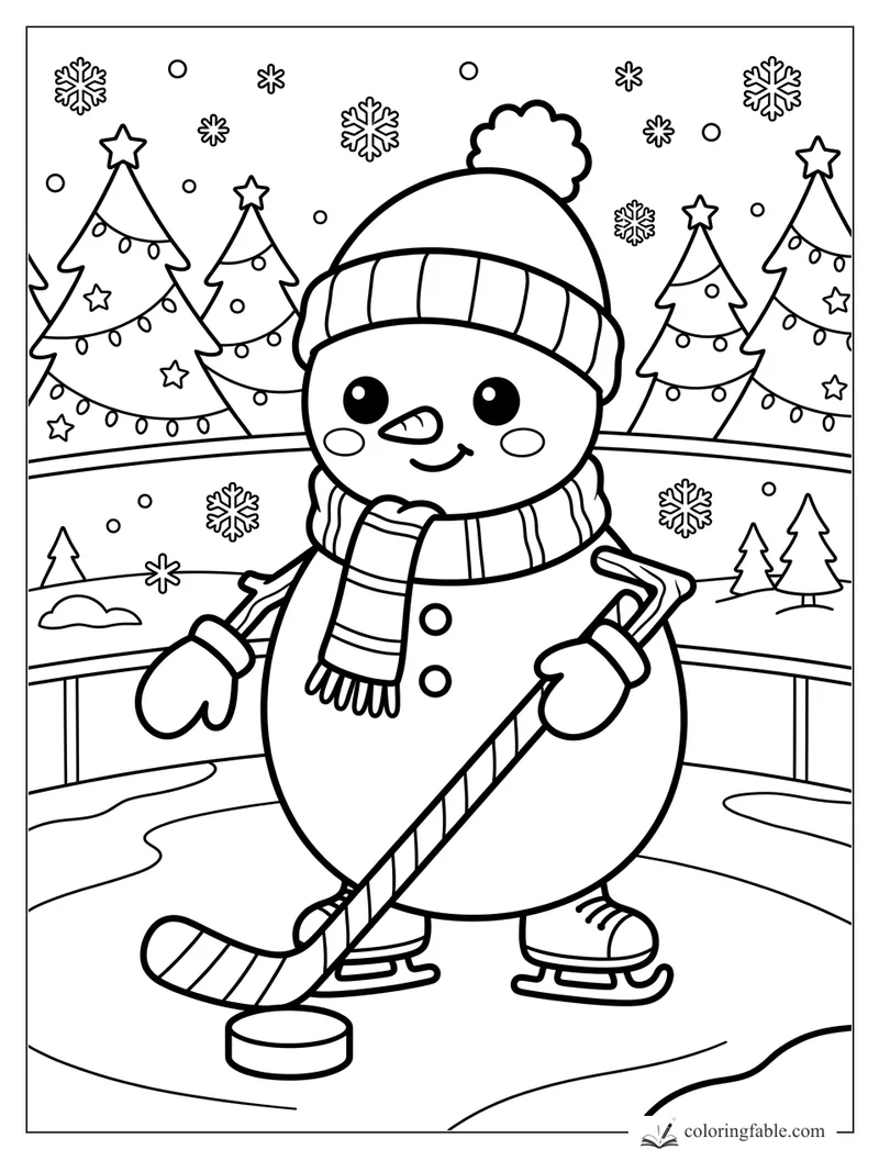 Kawaii snowman playing hockey on skates with a puck, striped scarf, snowy trees, stars, and snowflakes.