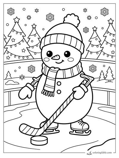 Kawaii snowman playing hockey on skates with a puck, striped scarf, snowy trees, stars, and snowflakes.