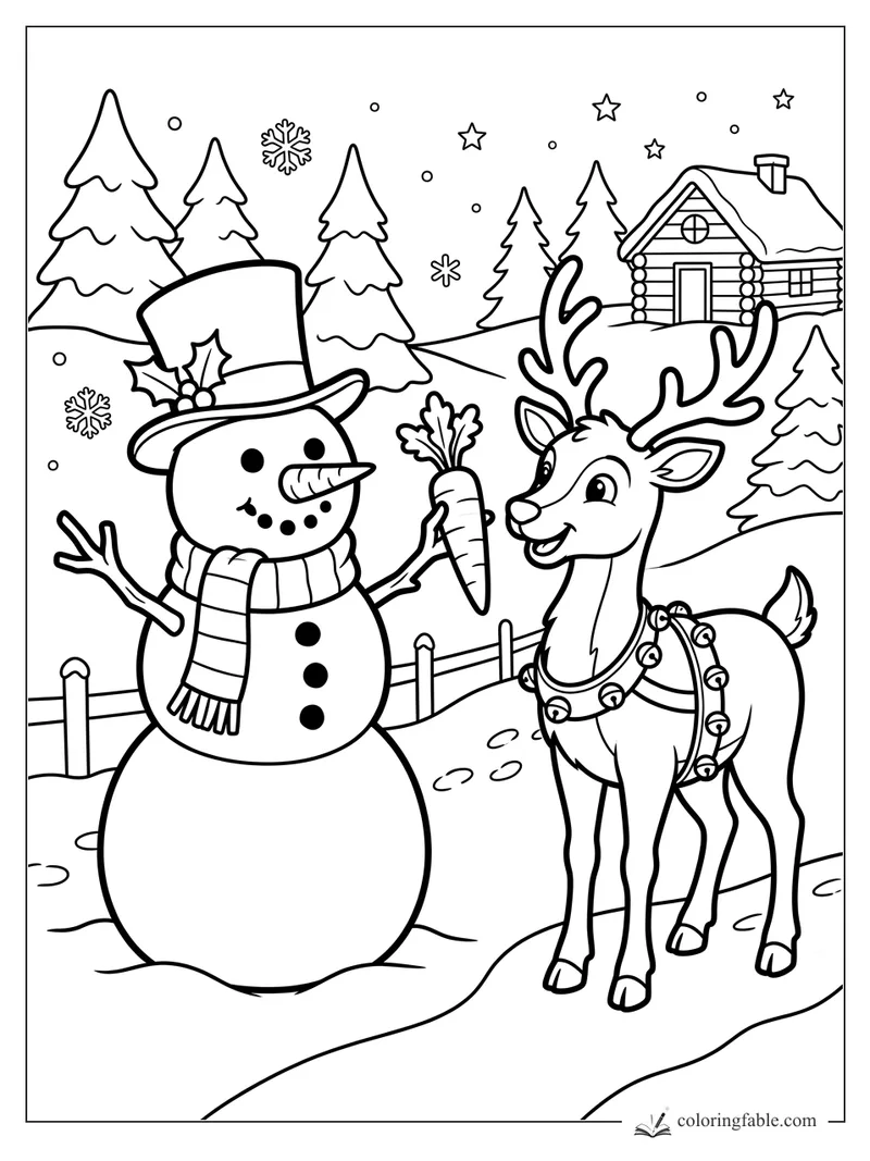 Snowman in a top hat offers a carrot to a reindeer near a log cabin, snowy pines, stars, and snowflakes.