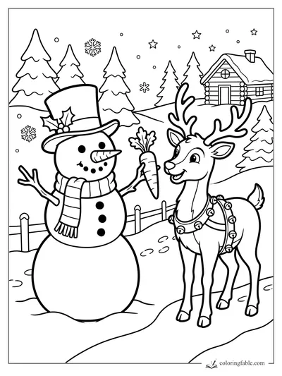 Snowman in a top hat offers a carrot to a reindeer near a log cabin, snowy pines, stars, and snowflakes.