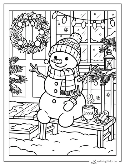 Smiling snowman on a porch bench with cocoa, gingerbread cookie, wreath, lights, and snowy window