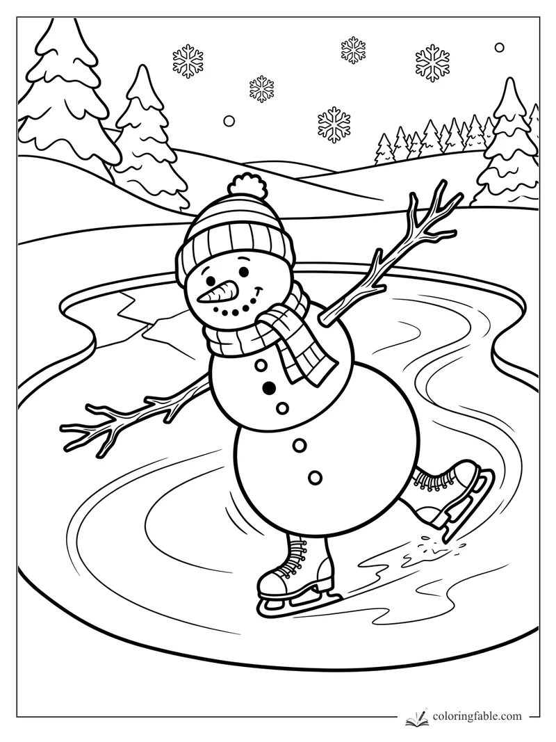 Cartoon snowman ice skating on a frozen pond with twig arms, scarf, pom-pom hat, pines, and snowflakes