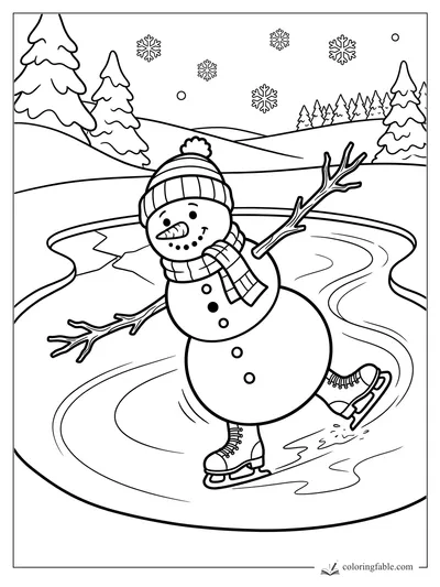 Cartoon snowman ice skating on a frozen pond with twig arms, scarf, pom-pom hat, pines, and snowflakes