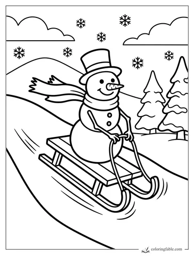 Smiling snowman in a top hat and scarf sledding past pine trees as snowflakes fall