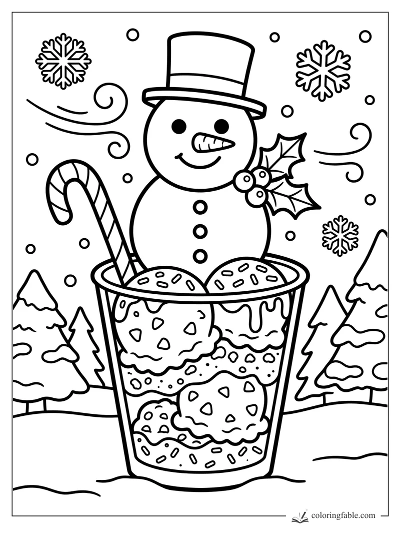 Snowman sundae with top hat, holly, candy cane, snowflakes, and pine trees coloring page