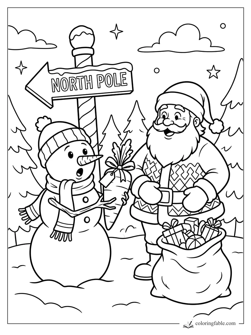 Vintage snowman offers a carrot to Santa beside a North Pole sign and toy sack