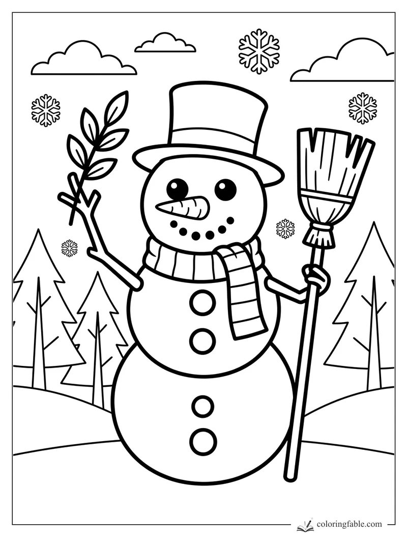 Easy snowman coloring page with top hat, scarf, broom, leafy twig, pine trees, clouds, and snowflakes.