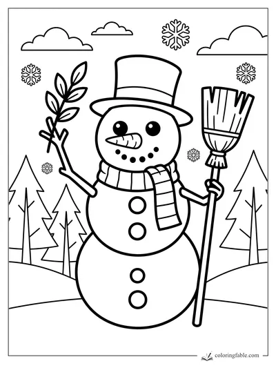 Easy snowman coloring page with top hat, scarf, broom, leafy twig, pine trees, clouds, and snowflakes.