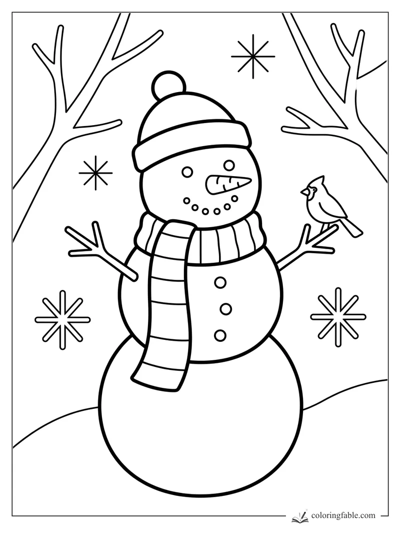 Minimalist snowman coloring page with pom-pom hat, striped scarf, cardinal, bare trees, and snowflakes.