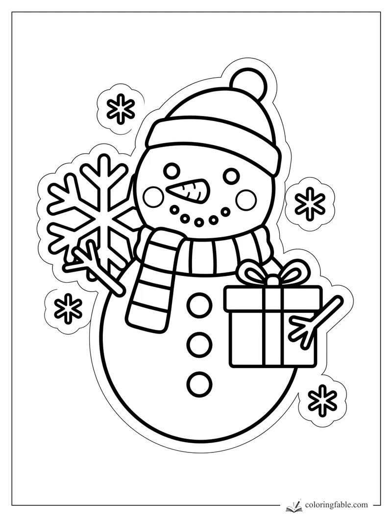 Sticker-style snowman in a pom-pom hat holding a wrapped gift and a big snowflake wand.