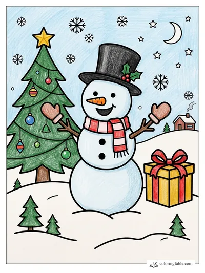 Snowman With Gift by the Christmas Tree — colored example